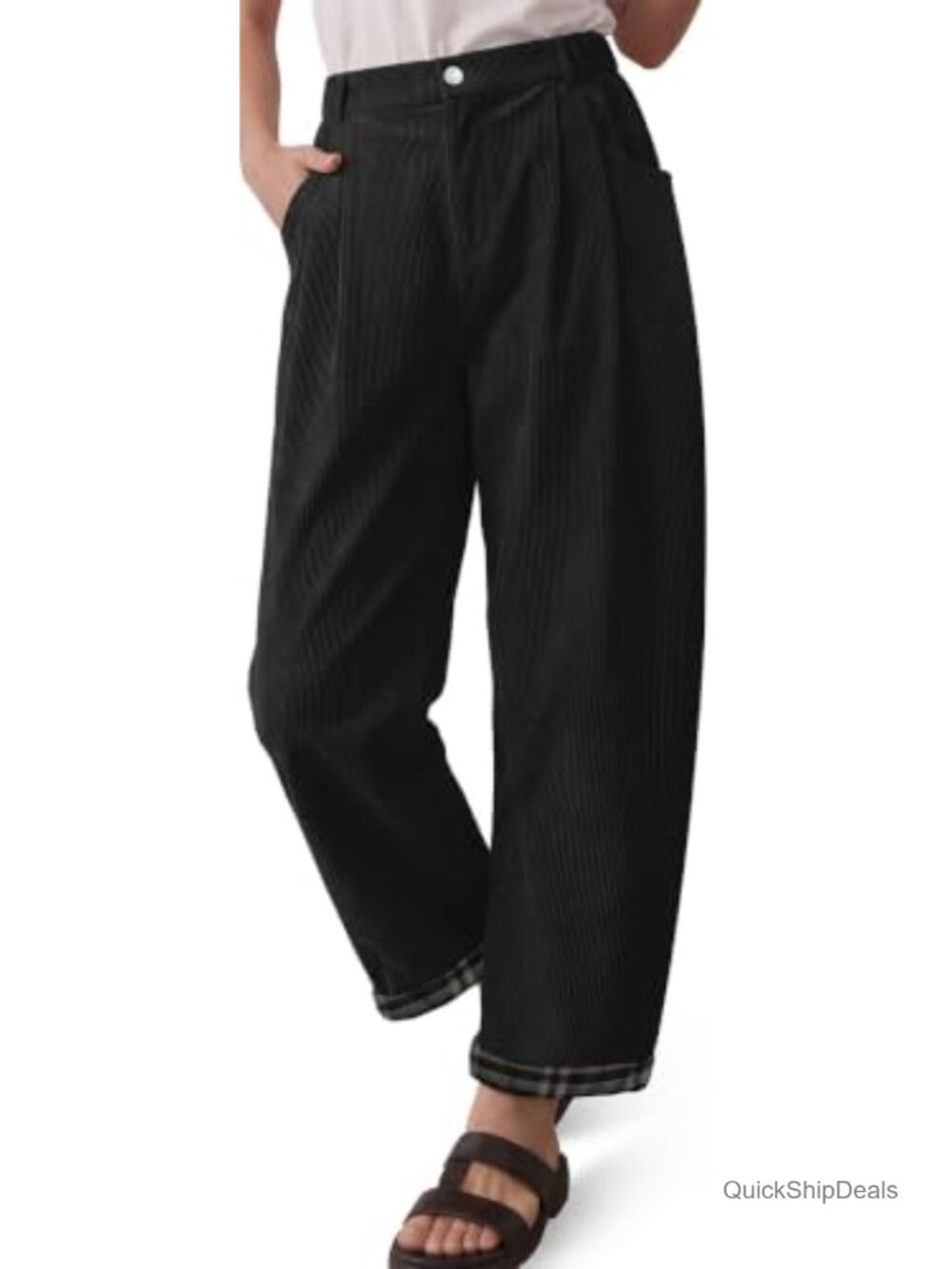 High Rise Corduroy Harem Pants with Plaid Rolled Cuffs